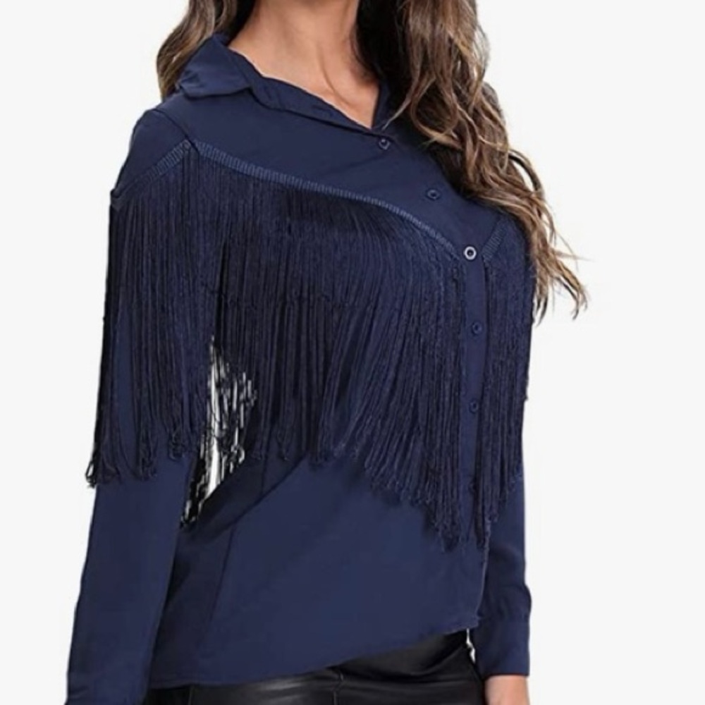 Verdusa,Coastal Cowgirl,Navy Fringe Weatern Wear Button-Up Blouse, EUC, Size Med - Picture 2 of 12